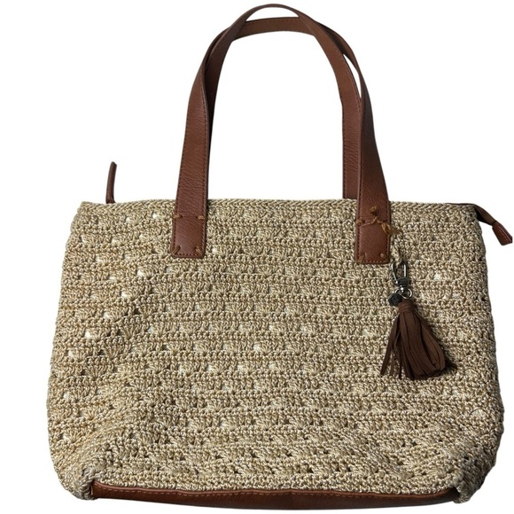 The Sak Handbags - The Sak Women Hand Crocheted Bag Purse Tote Fairmont Large Gold Tan Woven Tassel